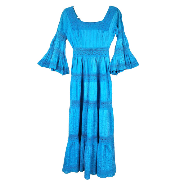 Unbranded Dresses & Skirts - Vintage Womens Small Dress Long MAXI Bohemian Crochet Lace Flare Sleeve 1970s
